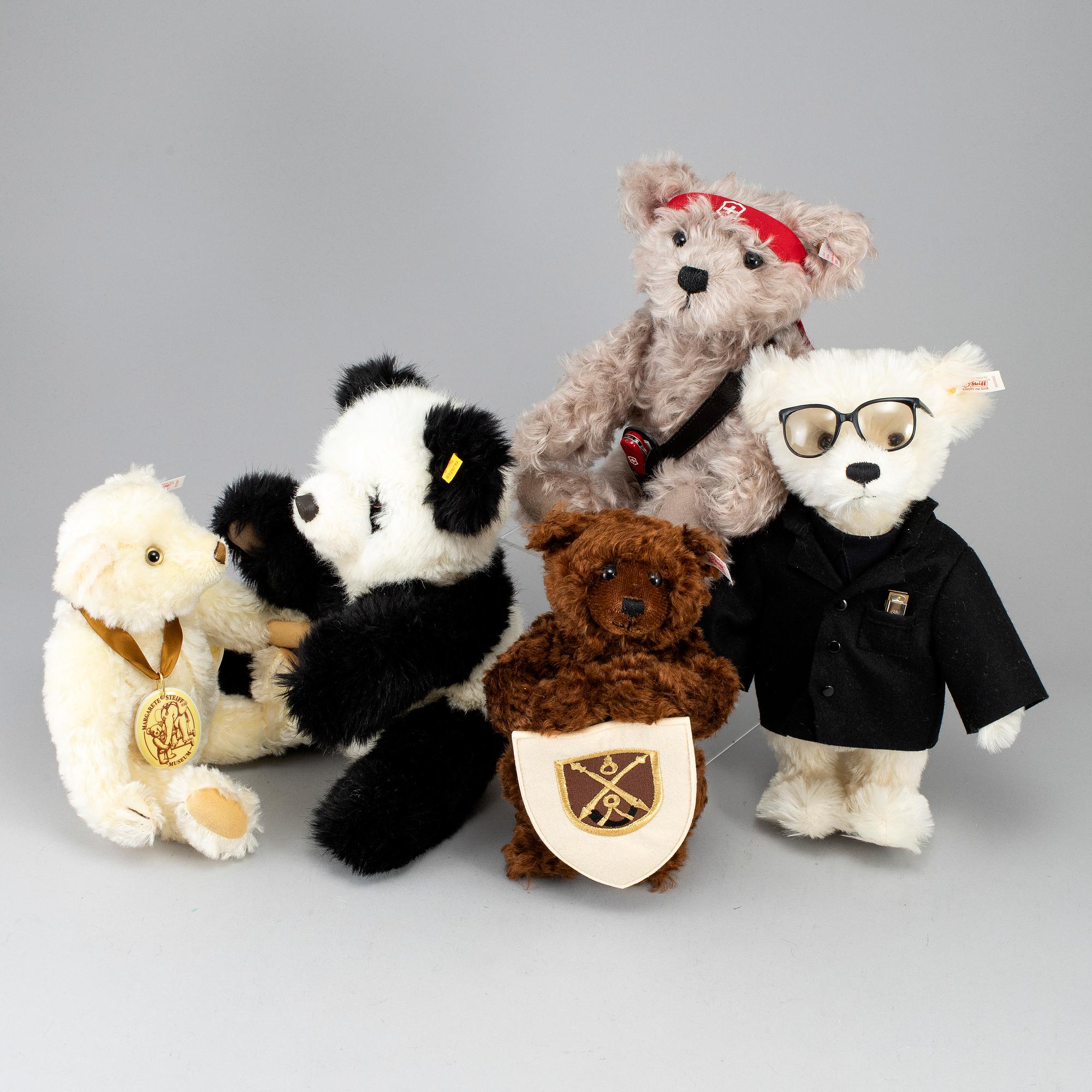 STEIFF, five teddy bears, "Giengen an der Brenz", Toots Thielemans Bear", "Victor the adventurer Teddy bear" etc.