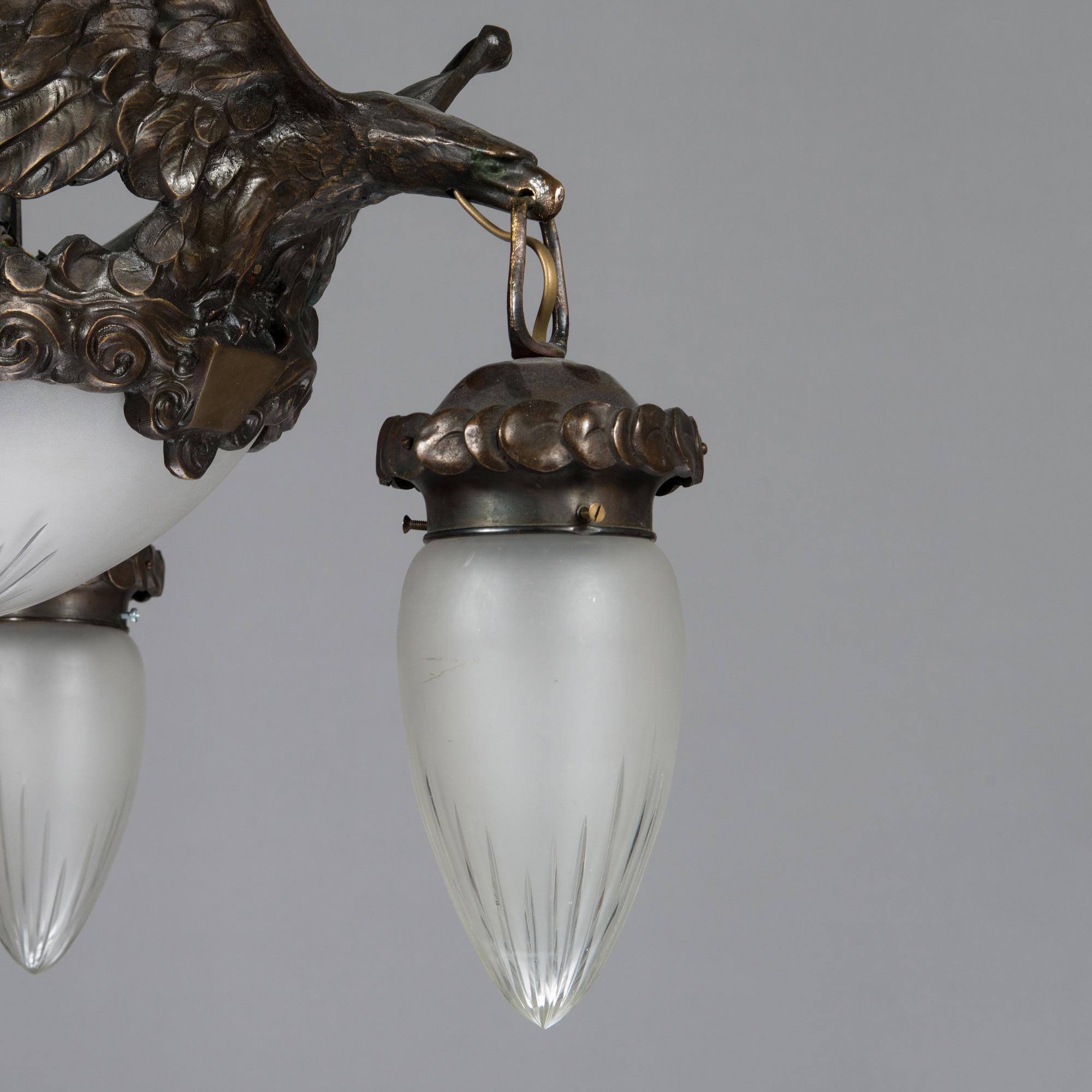 A Jugend style patinated bronze pendant ceiling light from the early 1900s, Böhlmarks, Sweden.