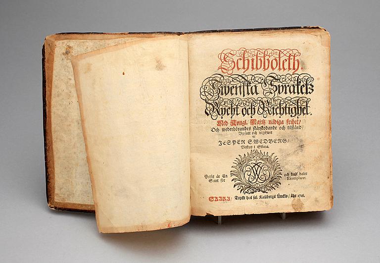 BOK, "Schibboleth, Swenska Språkets Rycht och Richtighet" av Jesper Swedberg, Skara 1716.