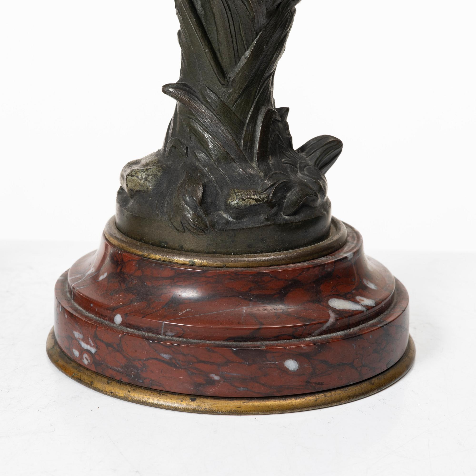 a pair of bronze and marble candle sticks, after a model by Houdon, late 19th century.