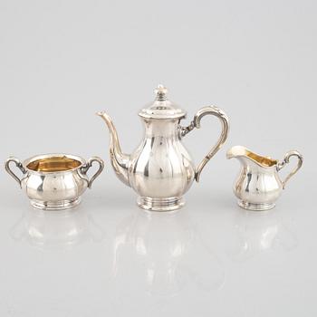 A Norwegian silver mocha pot, creamer and sugar bowl,  Norsk Filigfransfabrikk, Oslo, around 1920.