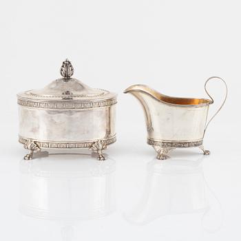 Jacob Engelberth Torsk, a Gustavian style silver creamer and sugar caddy, Stockholm, 1899.
