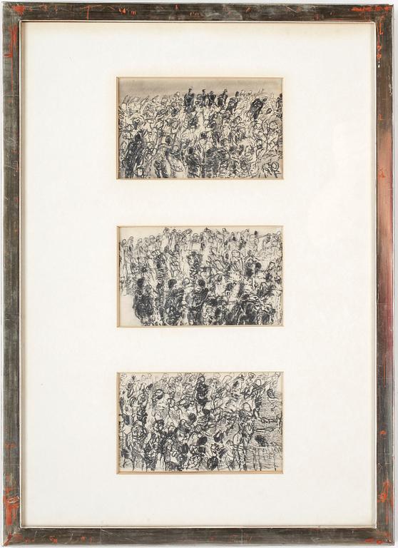 ROJ FRIBERG, triptyk, blyertsteckning, monogramsignerad.
