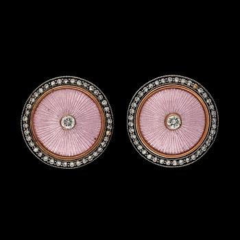 162. A pair of brilliant cut diamond, tot. app. 0.50 cts, and pink enamel earrings.