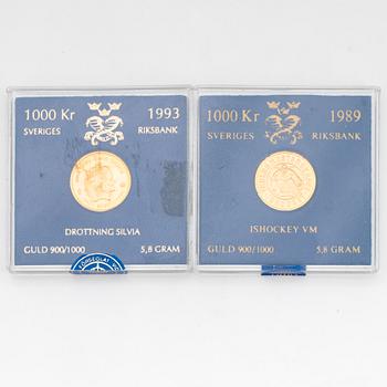 Two gold coins, 5,8 g + 5,8 g gold 900/1000.