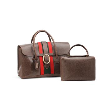 GUCCI, a brown leather bag and beauty box.