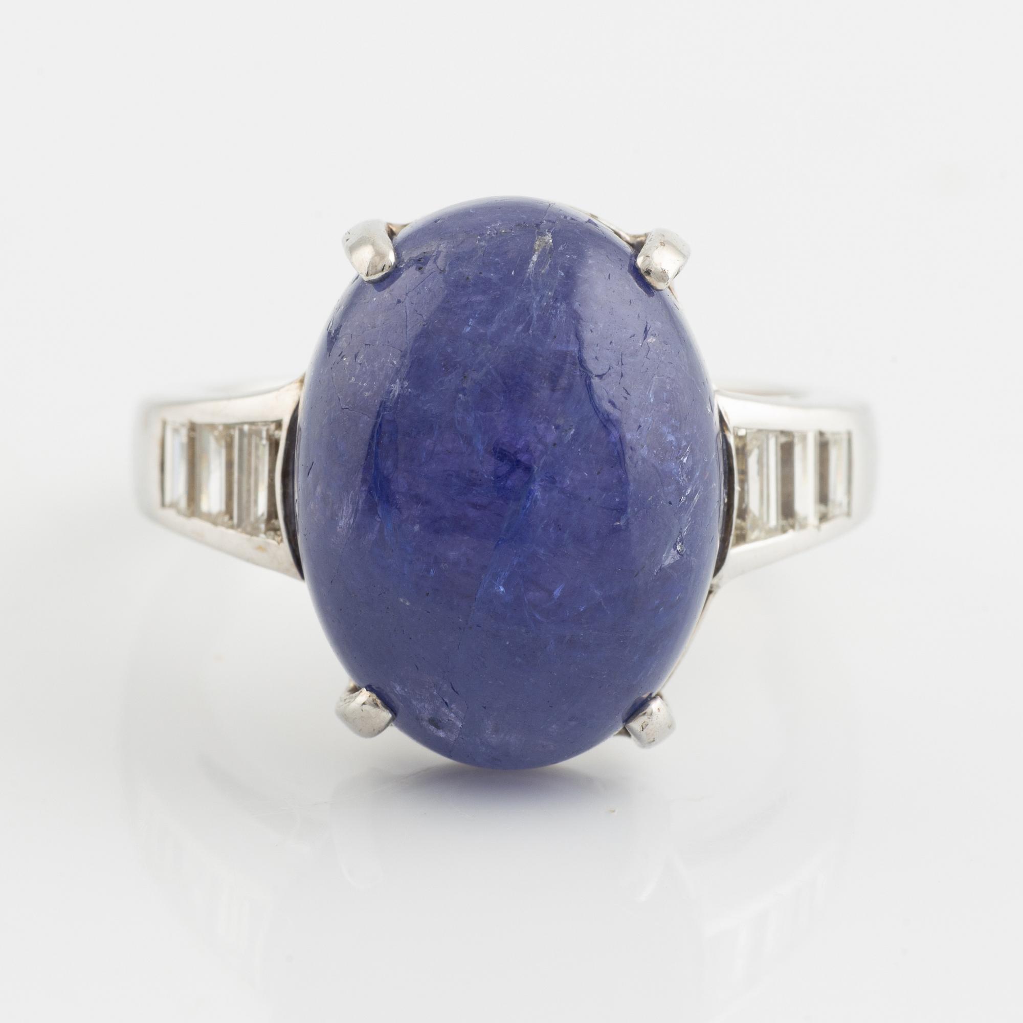 Cabochon cut tanzanite and baguette cut diamond ring.