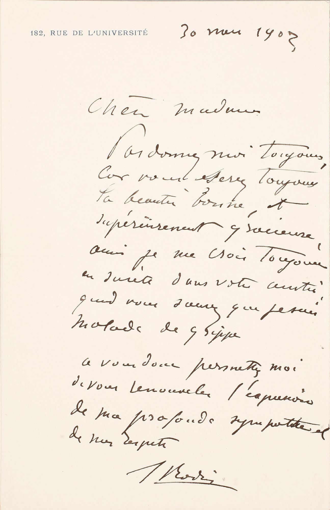 AUGUSTE RODIN (1872-1960), egenhändigt brev med namnteckning, dat 30 mars 1903.