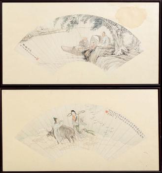 Two fan paintings by unknown artist, late Qing dynasty, circa 1900.