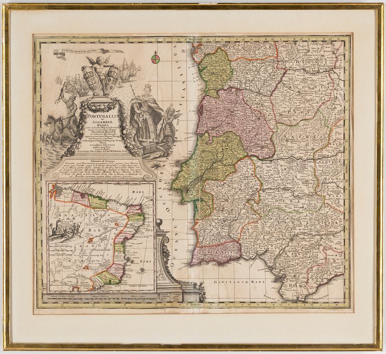 ENGRAVED MAP, wih watercolour, 18th Century by Mattheus Seutter, Germany 1678-1757.