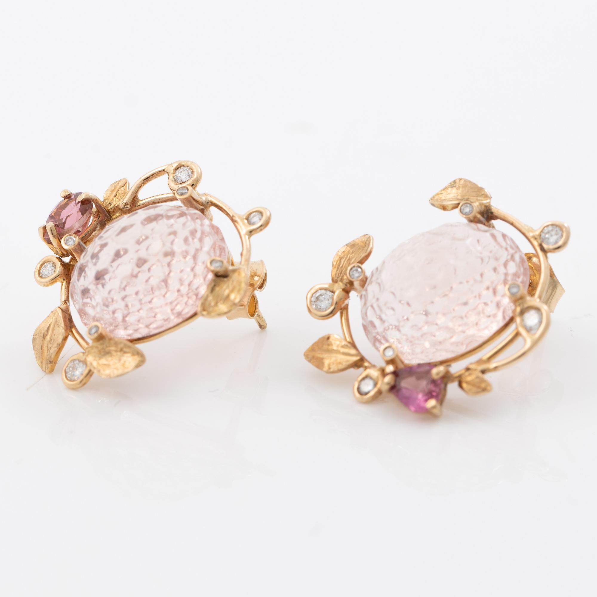Earrings, Mandelstam, 18K gold with carved rose quartz, tourmalines and brilliant-cut diamonds.