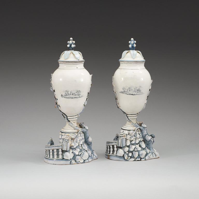 A pair of Swedish Marieberg faience vases with covers, 18th Century.