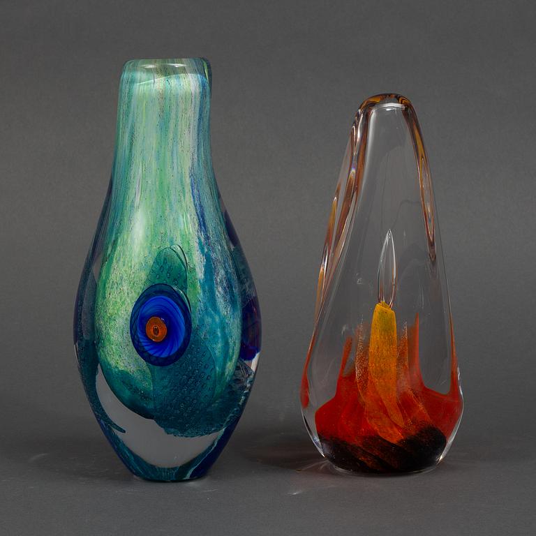 Monica Backström, two glass sculptures, 'Vatten' and 'Eld' from the series 'De fyra elementen', Kosta Boda.