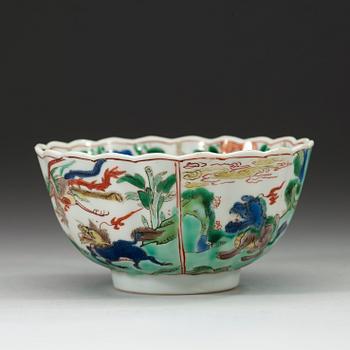 A famille verte lotus shaped bowl, Qing dynasty Kangxi (1662-1722).