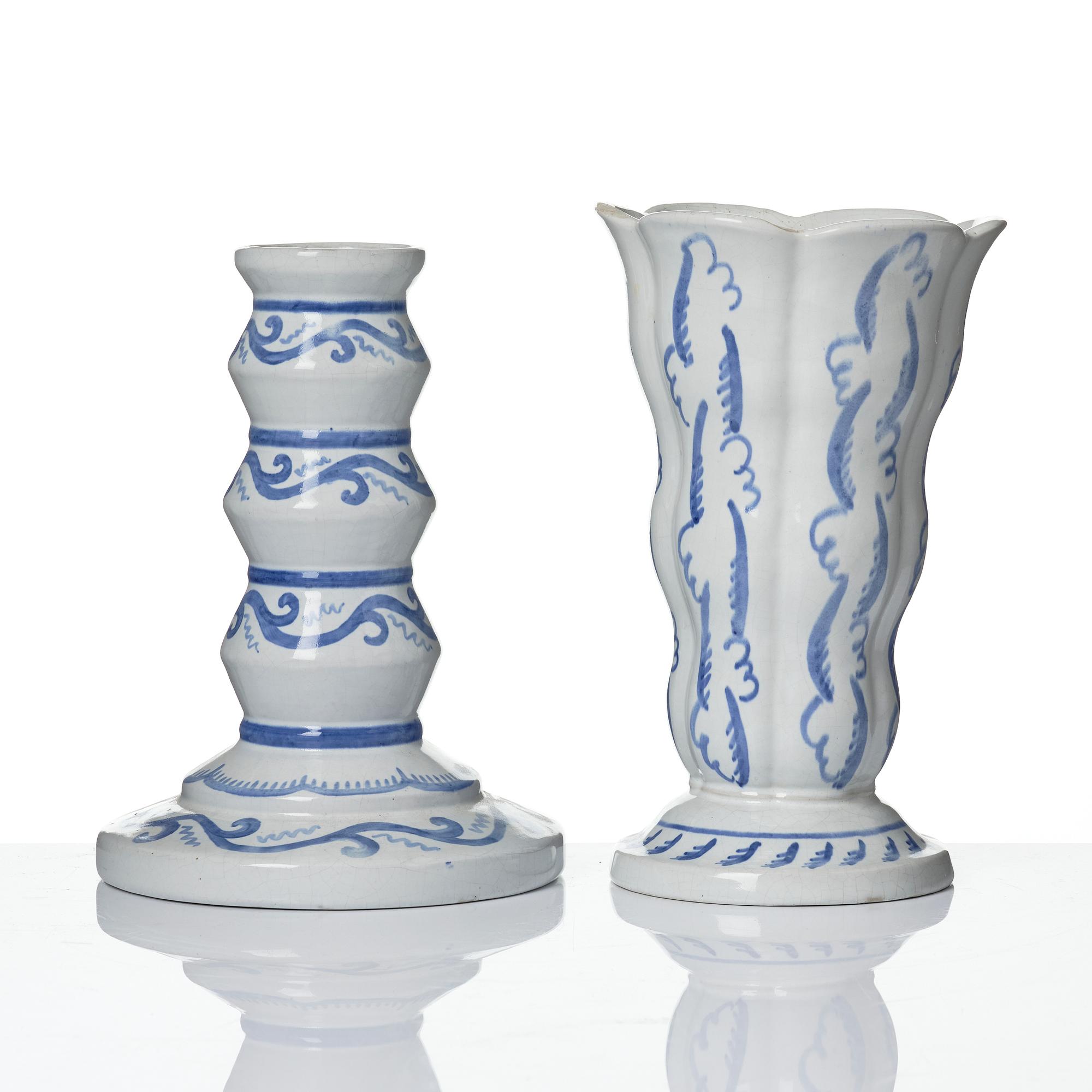 Wilhelm Kåge, Two earthenware vases, a lamp base and a jar with cover, Gustavsberg, Sweden, dated 1920.