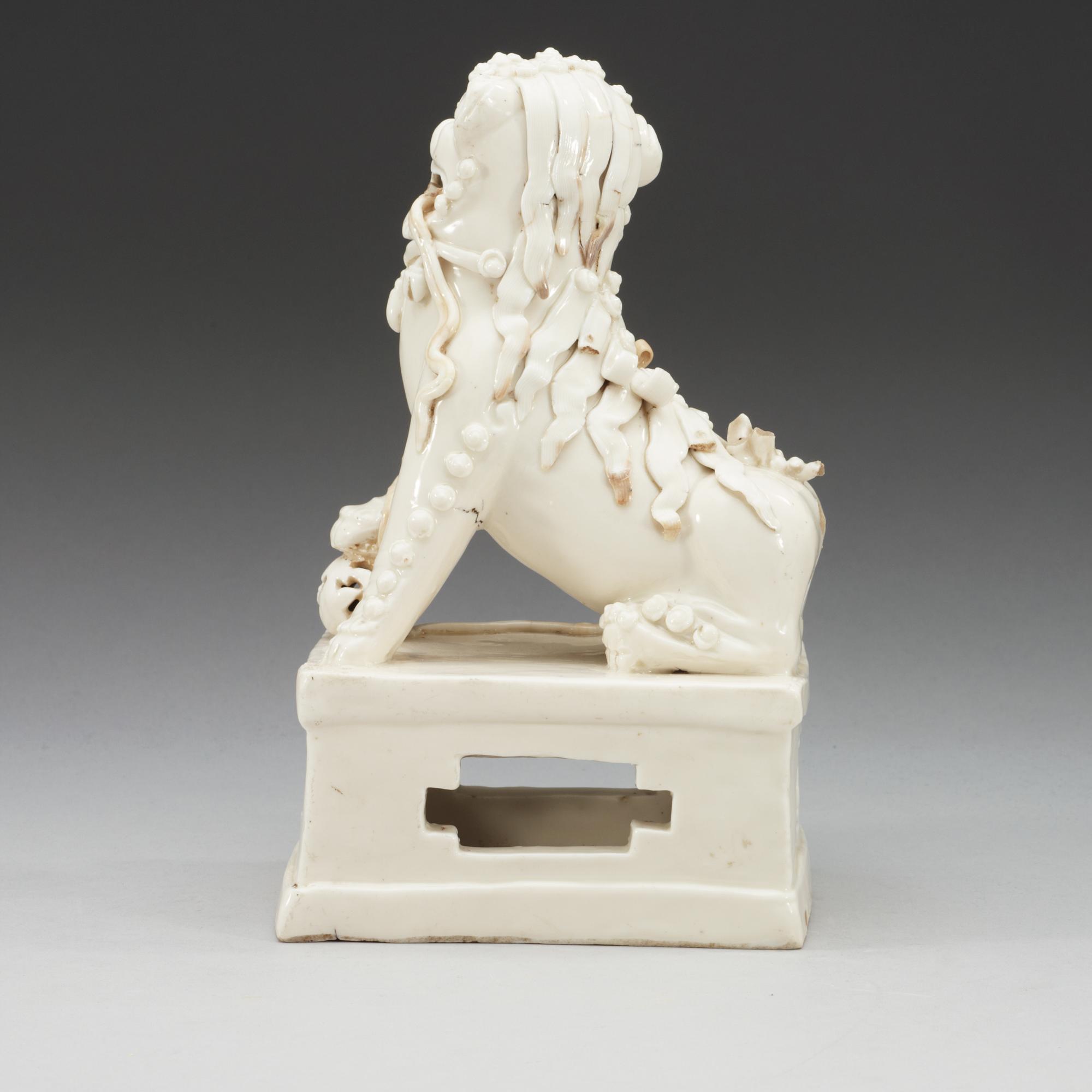 A blanc de chine censer, in the shape of a sitting Buddhist lion, Transition, 17th Century.