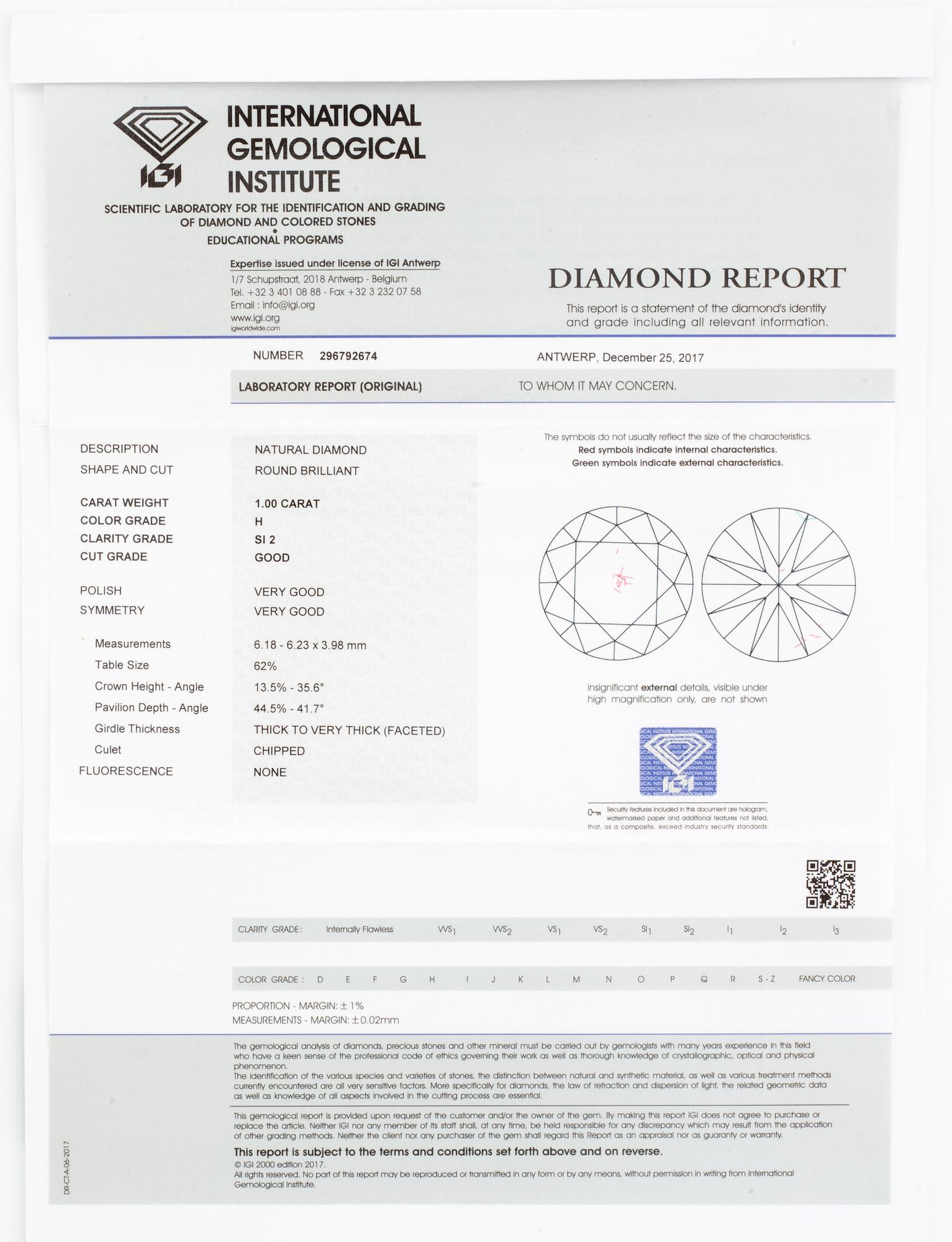 An 18K white gold necklace with a brilliant-cut diamond ca. 1.00 ct. With IGI certificate.