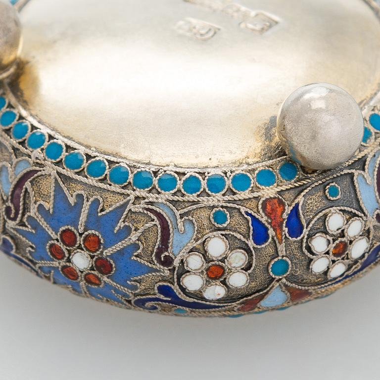 A silver parcel-gilt, cloisonné enamel salt cellar, 1890s.