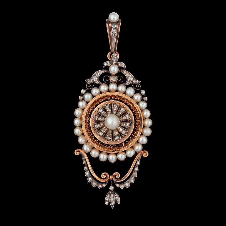 A pearl (possibly natural) and rose-cut diamond pendant/brooch.
