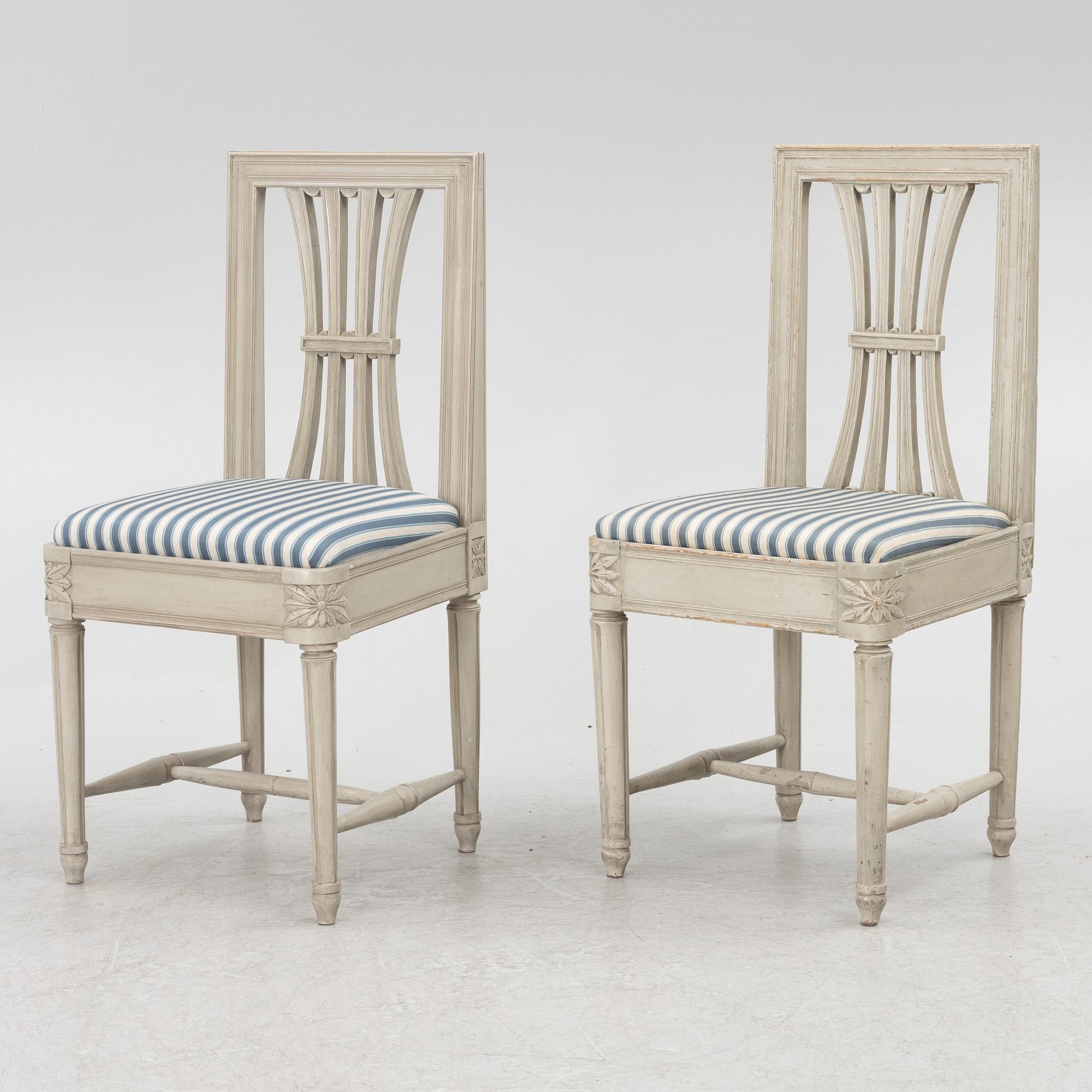 A set of four late Gustavian chairs, circa 1800 and four late Gustavian style chairs, late 20th century.