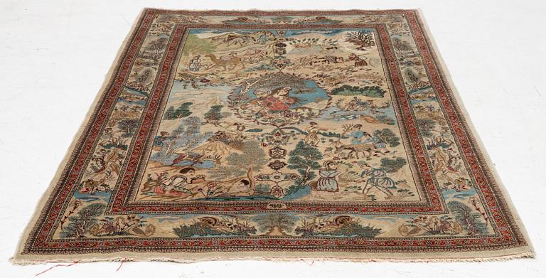 Rug, Tabriz, figural, signed Tabatabai, approx. 210 x 138 cm.