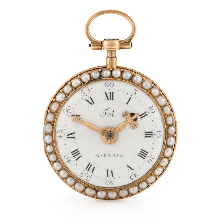 A Louis XVI gold, pearl and enamel pocket watch by Fol à Paris, late 18th century.