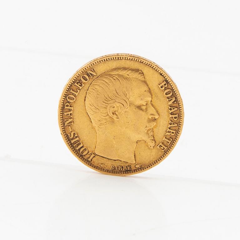 Guldmynt 20 franc 1852 Frankrike Louis Napoleon.