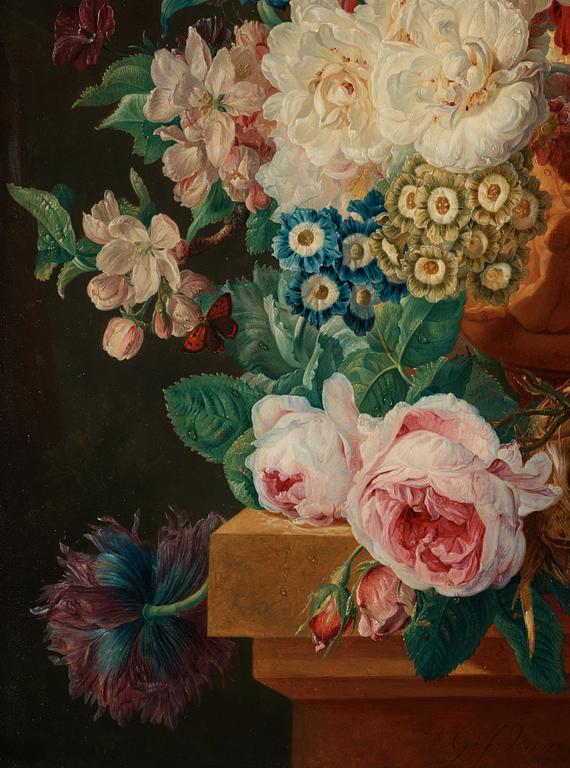 Gerrit Johan van Leeuwen, Still life with an urn with flowers, a birdsnest and insects.