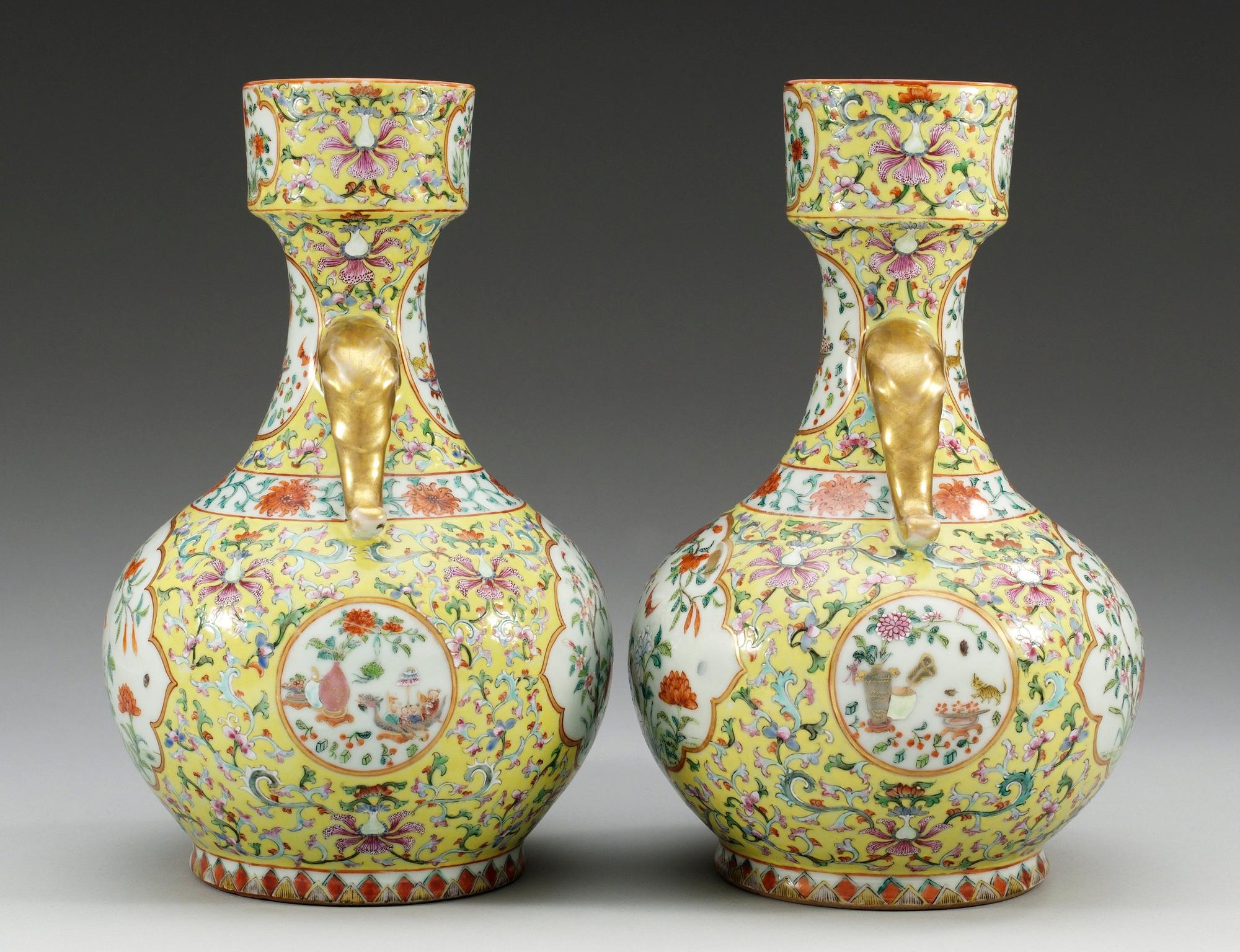 A pair of yellow ground vases, late Qing dynasty. With seal mark. (2).
