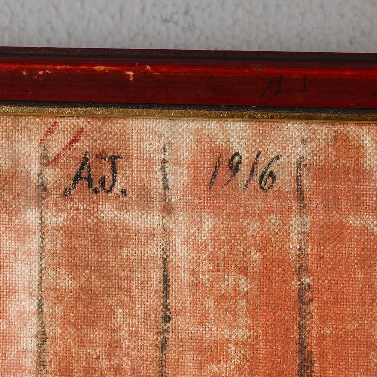 VÄGGBONAD, gouache på tyg, monogramsignerad AJ och daterad 1916.