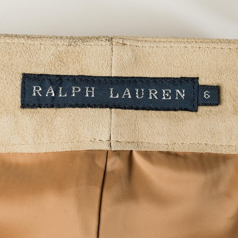 A beige suede pants by Ralph Lauren.