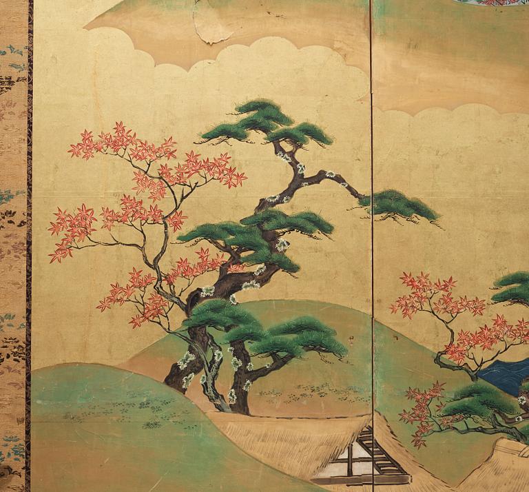A pair of Japanese six panel screens, Edo period, 19th Century.