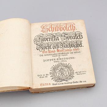 BOK, "Schibboleth. Swenska Språkets rycht och richtighet" av Jesper Swedberg, Skara 1716.