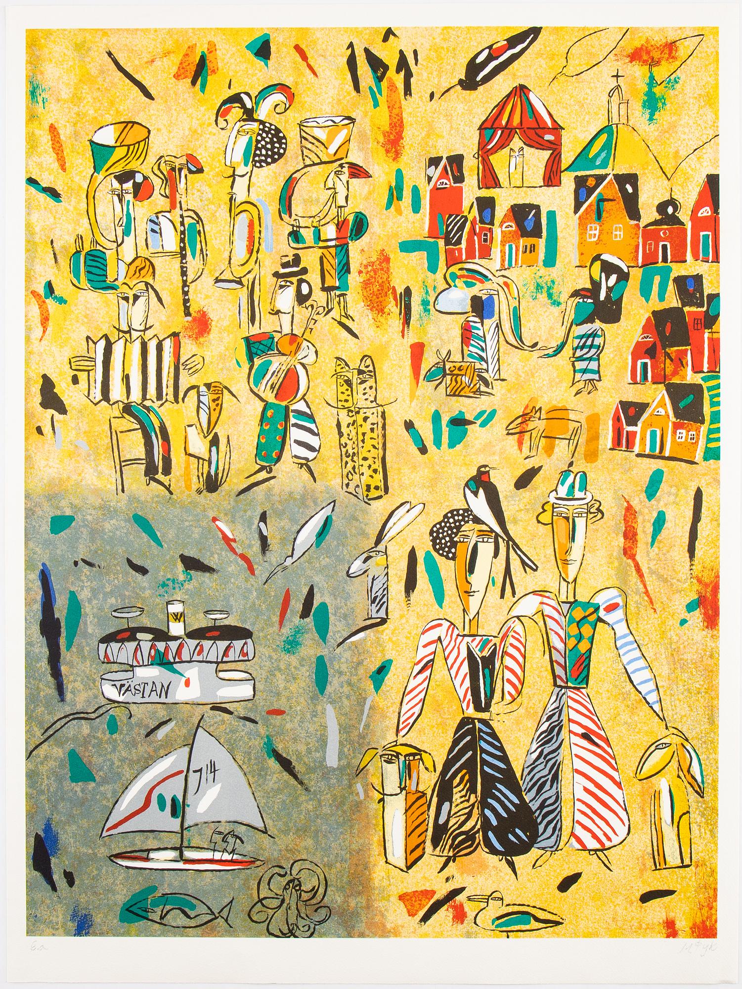 Madeleine Pyk, a colour lithograph, signed EA.