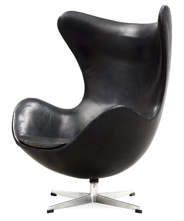 An Arne Jacobsen black leather 'Egg' chair, Fritz Hansen, Denmark 1960's.