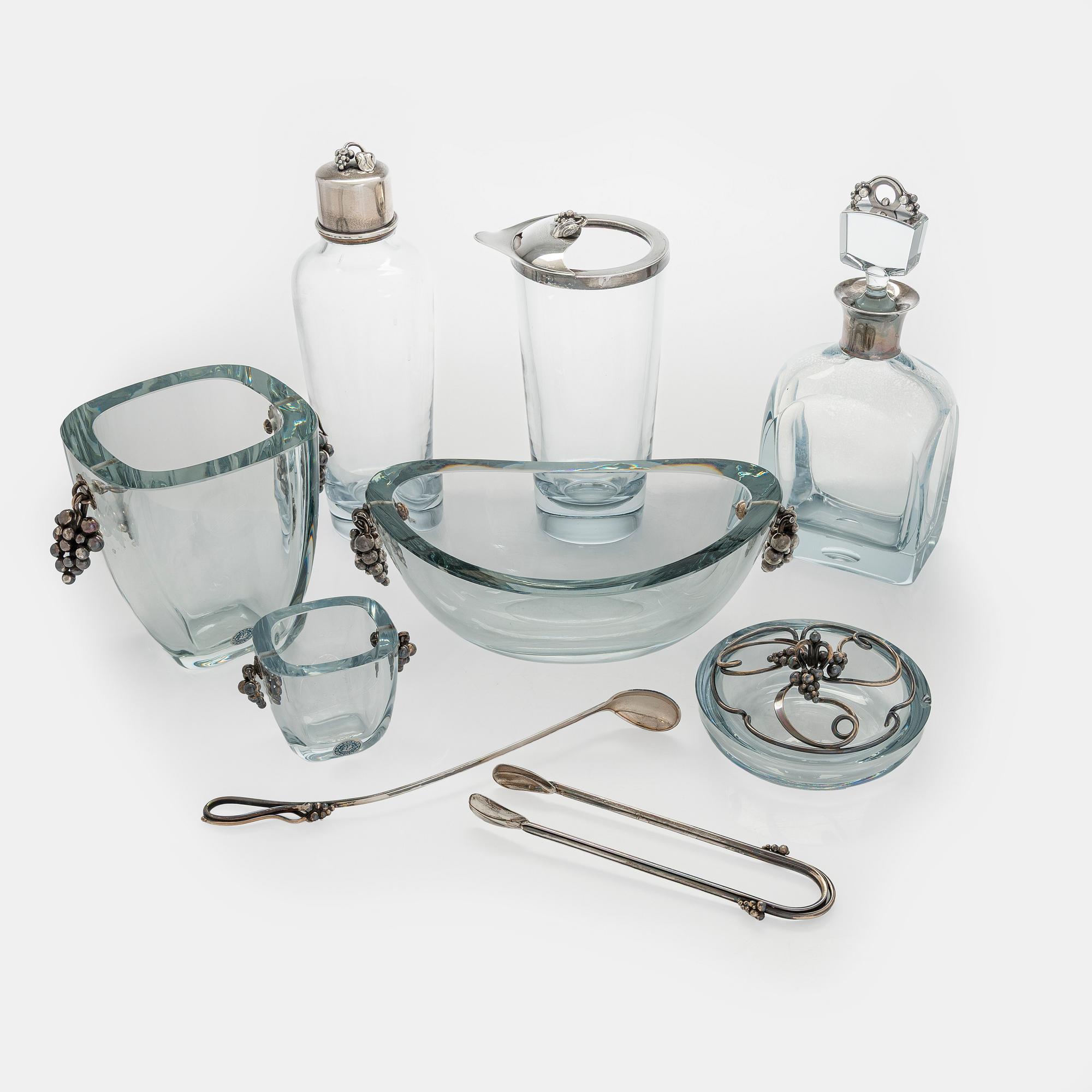 Aage Weimar, cocktail- och serverings set, 7 delar, sterlingsilver och glas, Danmark 1900-talets mitt.