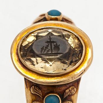 Ring, 18K guld, fasettslipad citrin och turkoser, Johan David Smedberg, verksam 1862-1896, Heinola.