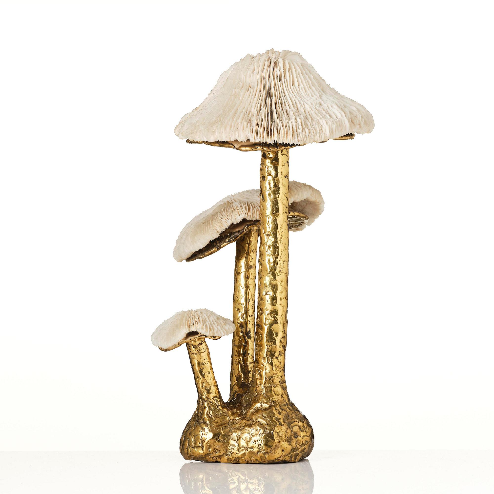 Jacques Duval-Brasseur, skulptur, tre svampar i gjuten brons och korall, Frankrike, 1970-tal.