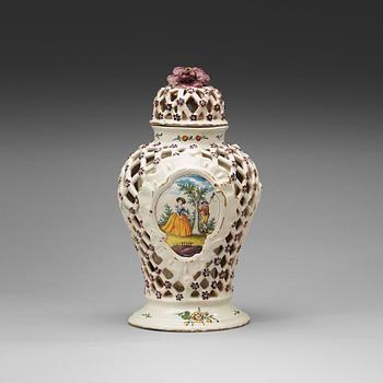 1375. A Magdeburg faience Ajour vase with cover, 18th Century.