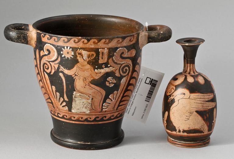 KRATER SAMT LEKYTHOS, lergods, varav en möjligen forntida, Medelhavsområdet.