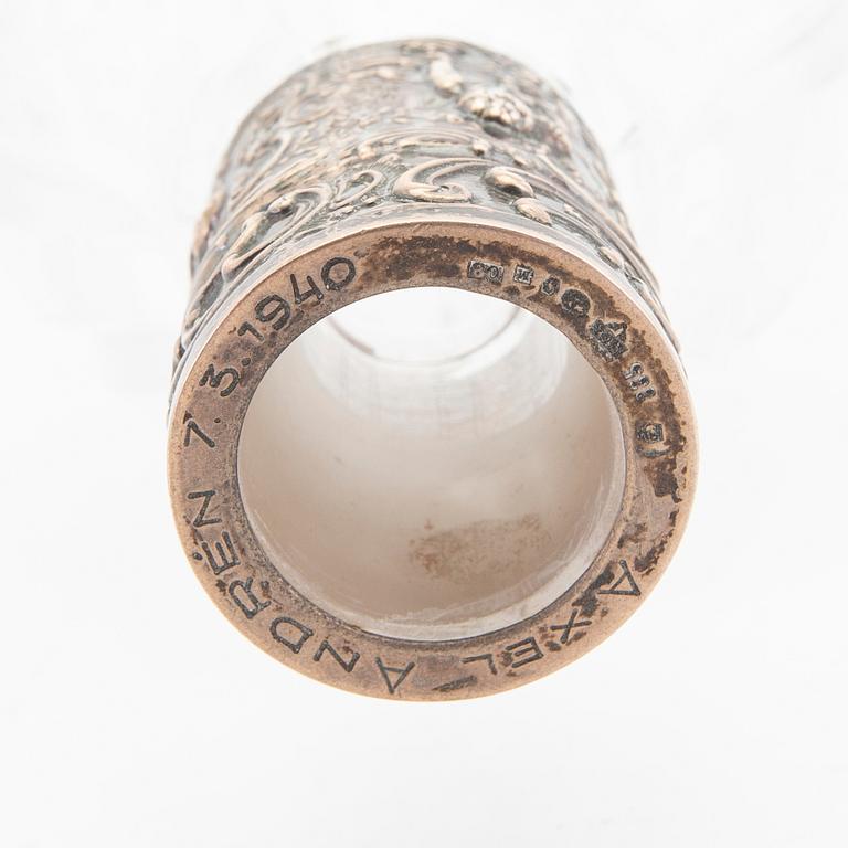 A decanter with silver fitting and a free mason late 19th century glass.