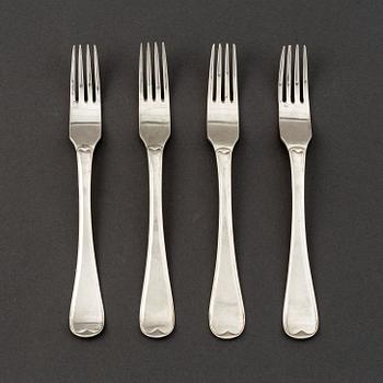 A set of four Swedish silver dinner-forks, marked Jonas Elg, Västerås 1800.