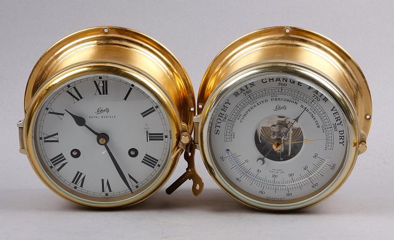 BAROMETER samt KLOCKA, mässing, Tyskland. 1900-tal.