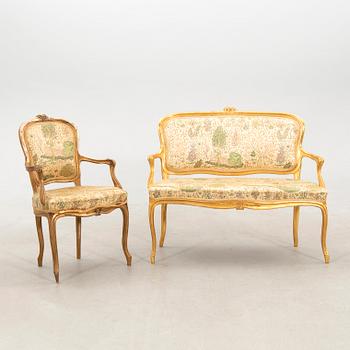 Soffa samt fåtölj Louis XV-stil 1900-talets första hälft.