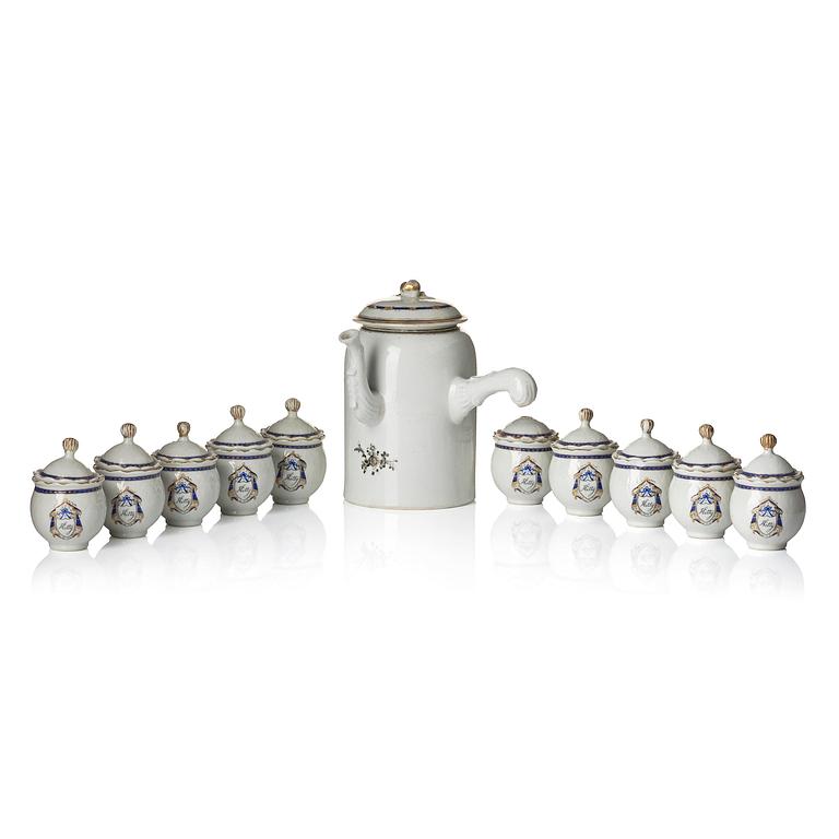 A set of 10 'European Subject' custard cups with covers and a coffeepot with cover, Qing dynasty, Jiaqing (1796-1820).