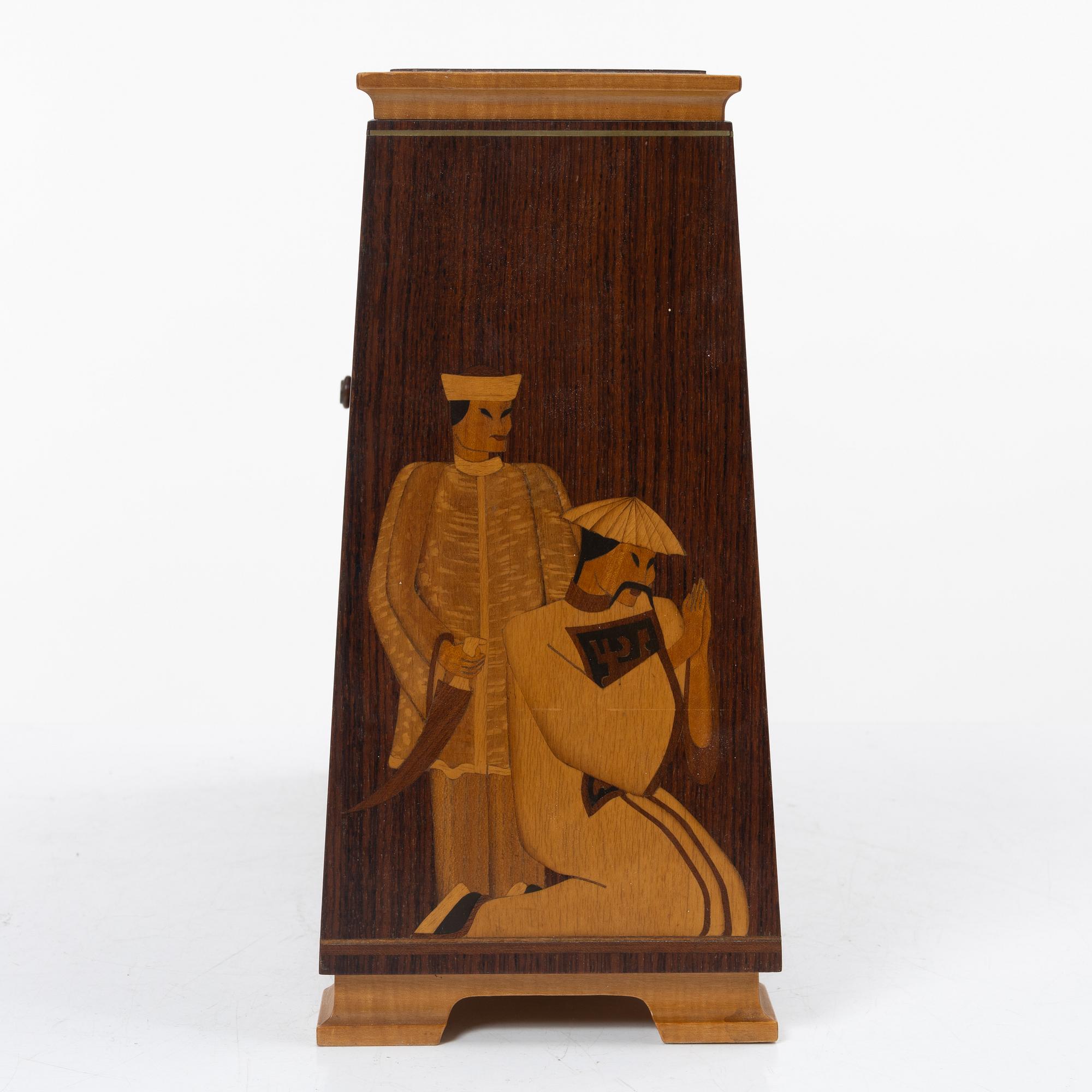 A table clock, 'The Three Wise Men', Mjölby Intarsia, 1930s.