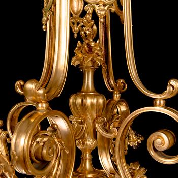 Ferdinand Barbedienne, A signed and gilded bronze chandelier from second half of the 19th century. Height 115 cm.
