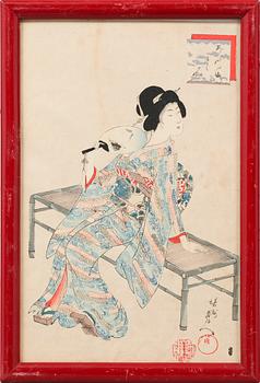 Four woodblock prints, i a Yoshiiku, probably from the first half of the 20th century.
