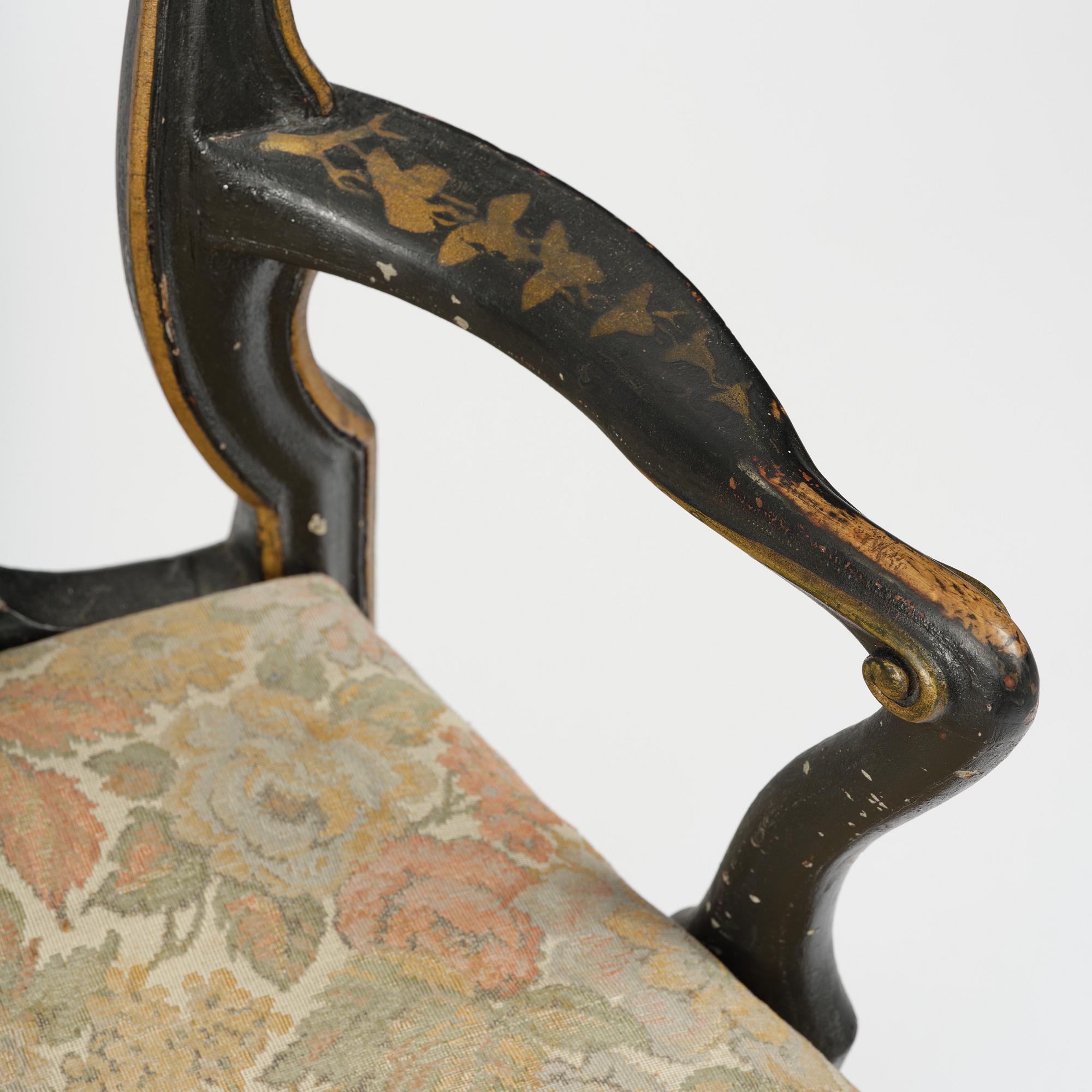 A pair of japanned Swedish rococo armchairs, Stockholm, later part 18th century.