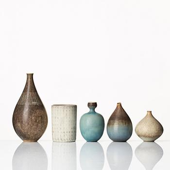Stig Lindberg, a set of five stoneware vases. Gustavsberg studio, Sweden 1953-56.